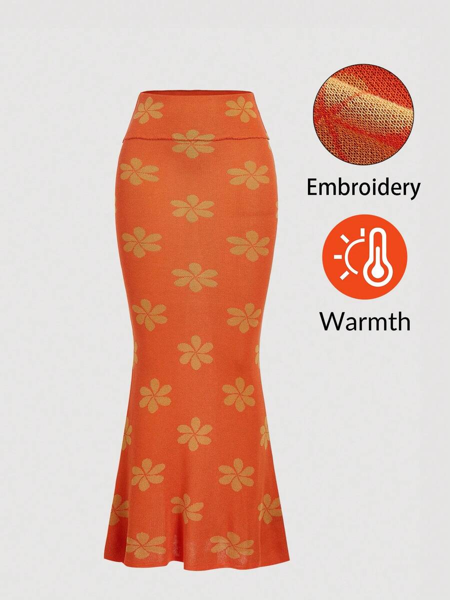 Orange women's floral pattern knit mermaid maxi skirt featuring rib-knit fabric, natural mid waist, slim fit silhouette, and unlined design.
