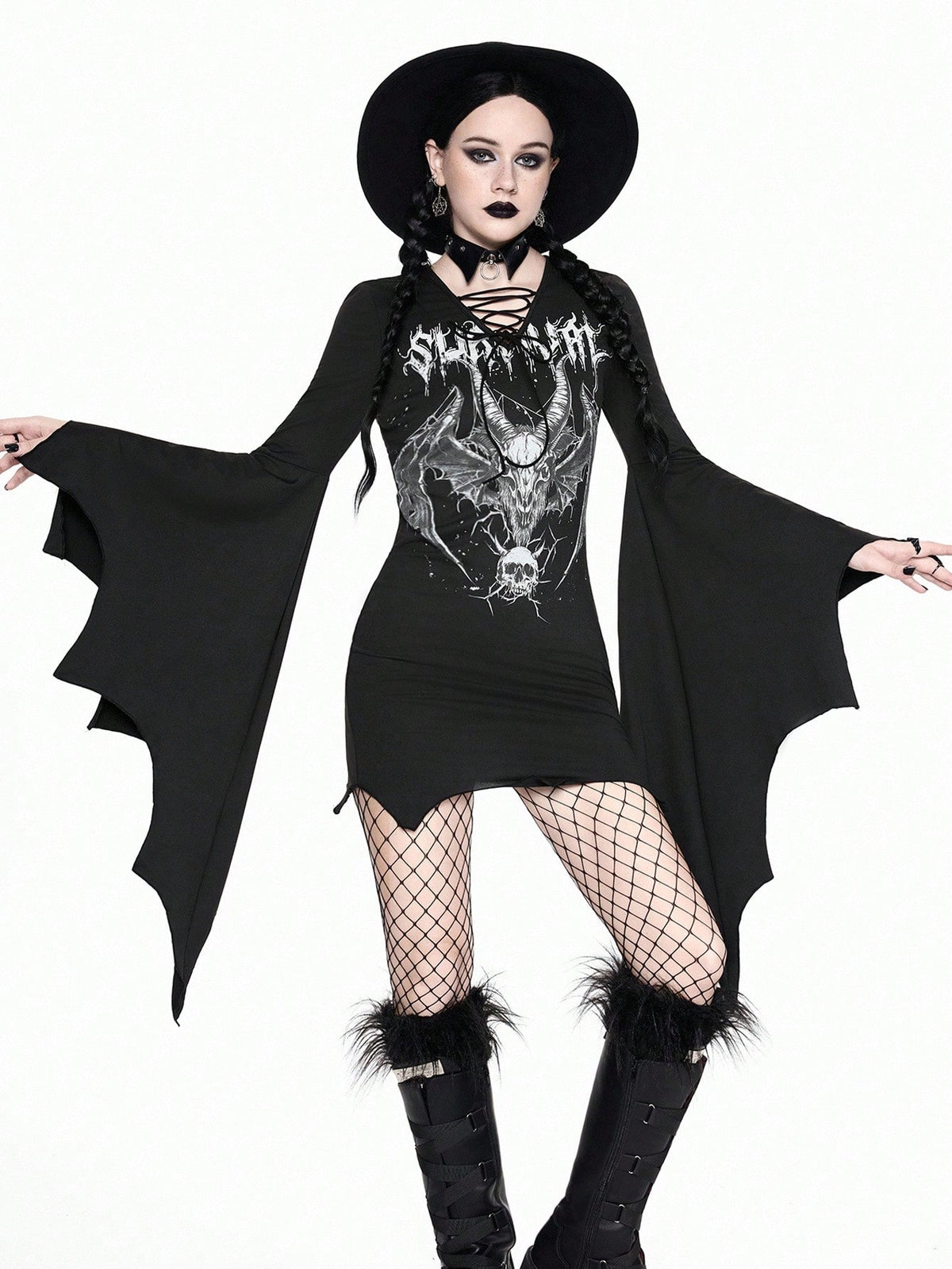Women's black gothic bodycon mini dress featuring long flare sleeves, V-neckline, and asymmetrical hem.