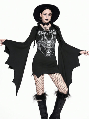 Women's black gothic bodycon mini dress featuring long flare sleeves, V-neckline, and asymmetrical hem.