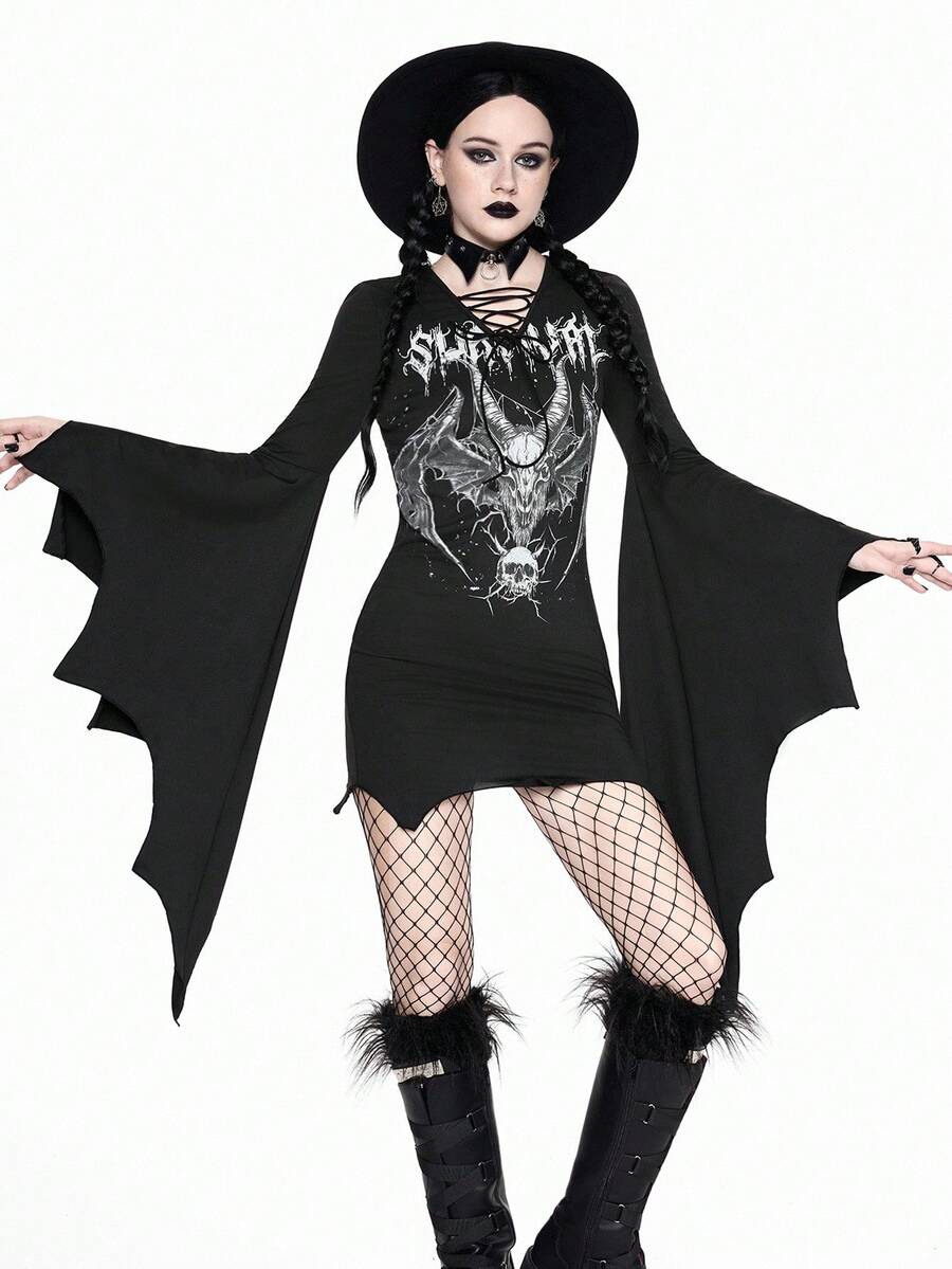 Women's black gothic bodycon mini dress featuring long flare sleeves, V-neckline, and asymmetrical hem.