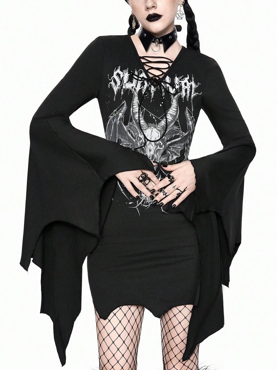 Women's black gothic bodycon mini dress featuring long flare sleeves, V-neckline, and asymmetrical hem.