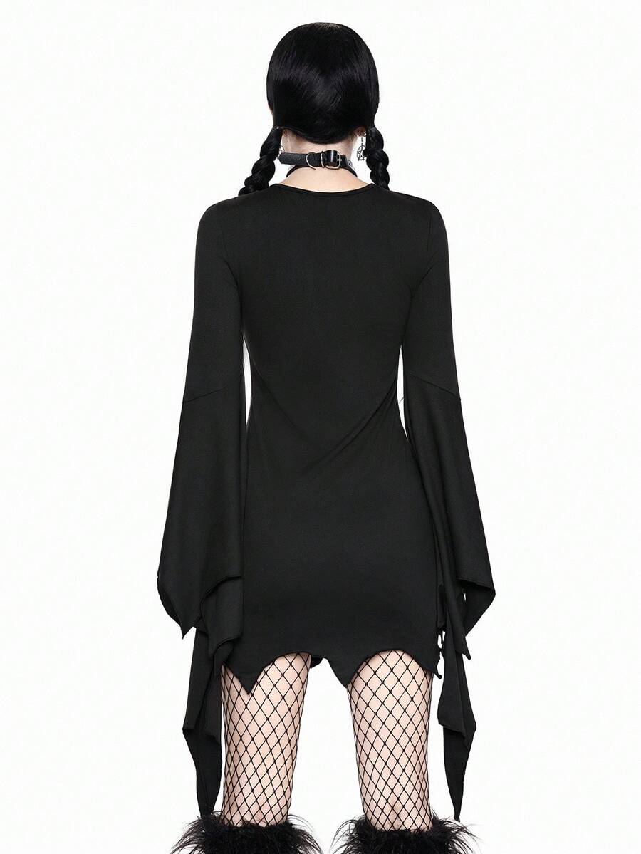 Women's black gothic bodycon mini dress featuring long flare sleeves, V-neckline, and asymmetrical hem.