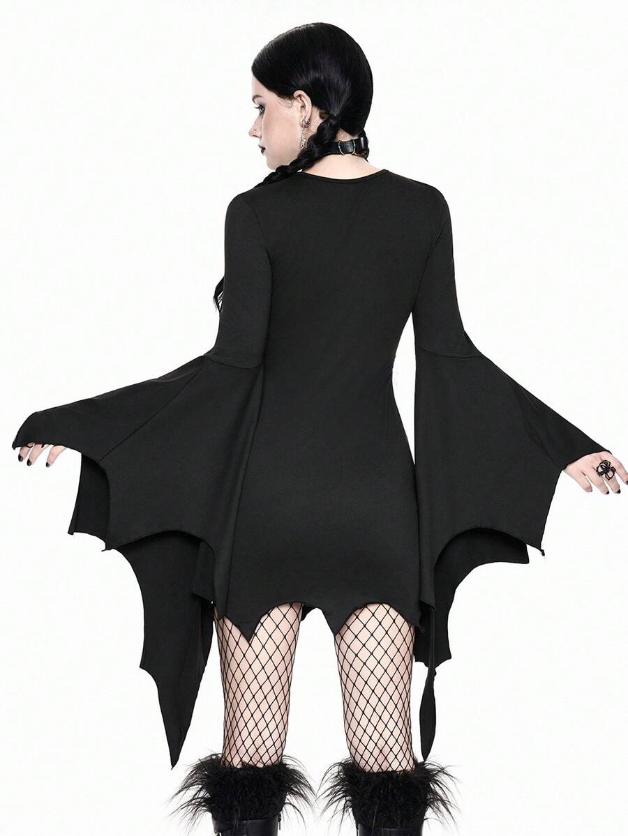 Women's black gothic bodycon mini dress featuring long flare sleeves, V-neckline, and asymmetrical hem.