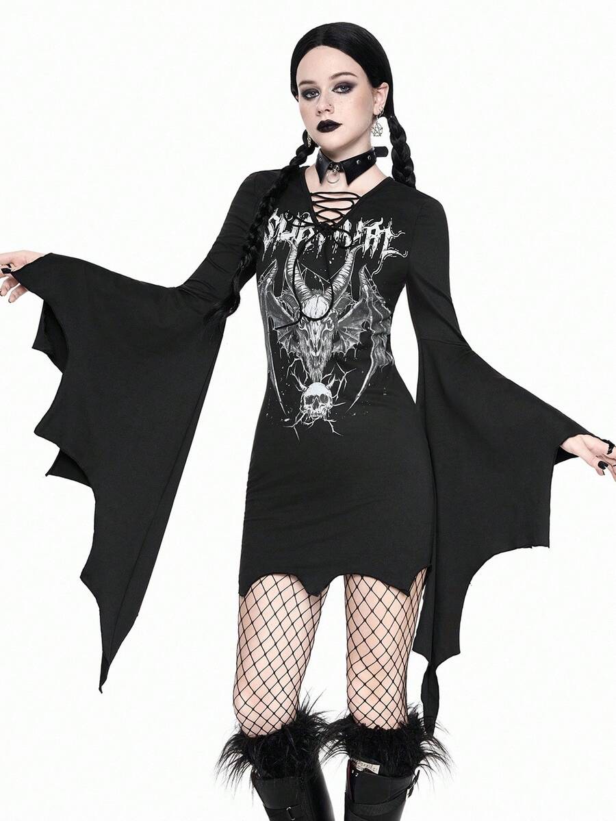 Women's black gothic bodycon mini dress featuring long flare sleeves, V-neckline, and asymmetrical hem.