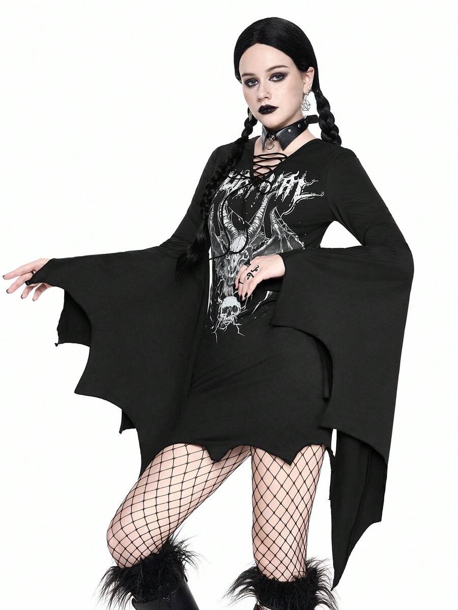 Women's black gothic bodycon mini dress featuring long flare sleeves, V-neckline, and asymmetrical hem.