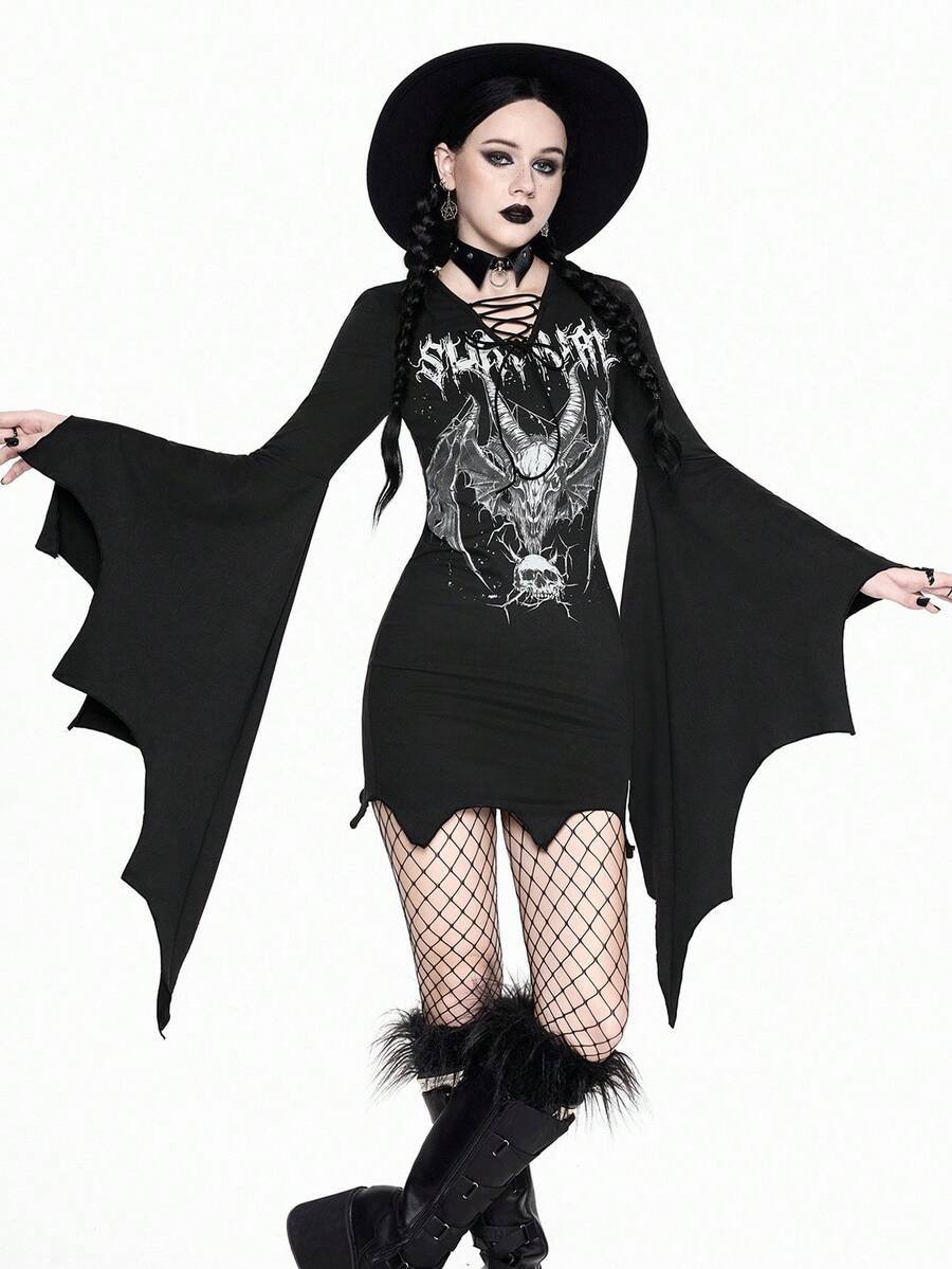 Women's black gothic bodycon mini dress featuring long flare sleeves, V-neckline, and asymmetrical hem.