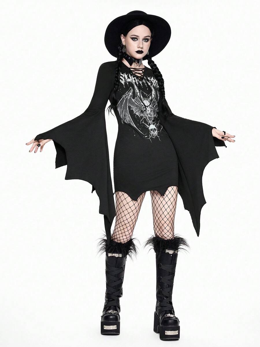 Women's black gothic bodycon mini dress featuring long flare sleeves, V-neckline, and asymmetrical hem.