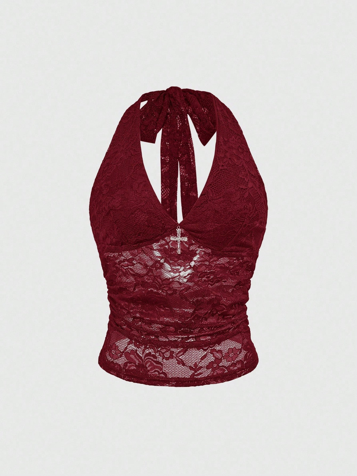 Black gothic halter lace cami crop top featuring ruched details and backless design for women
