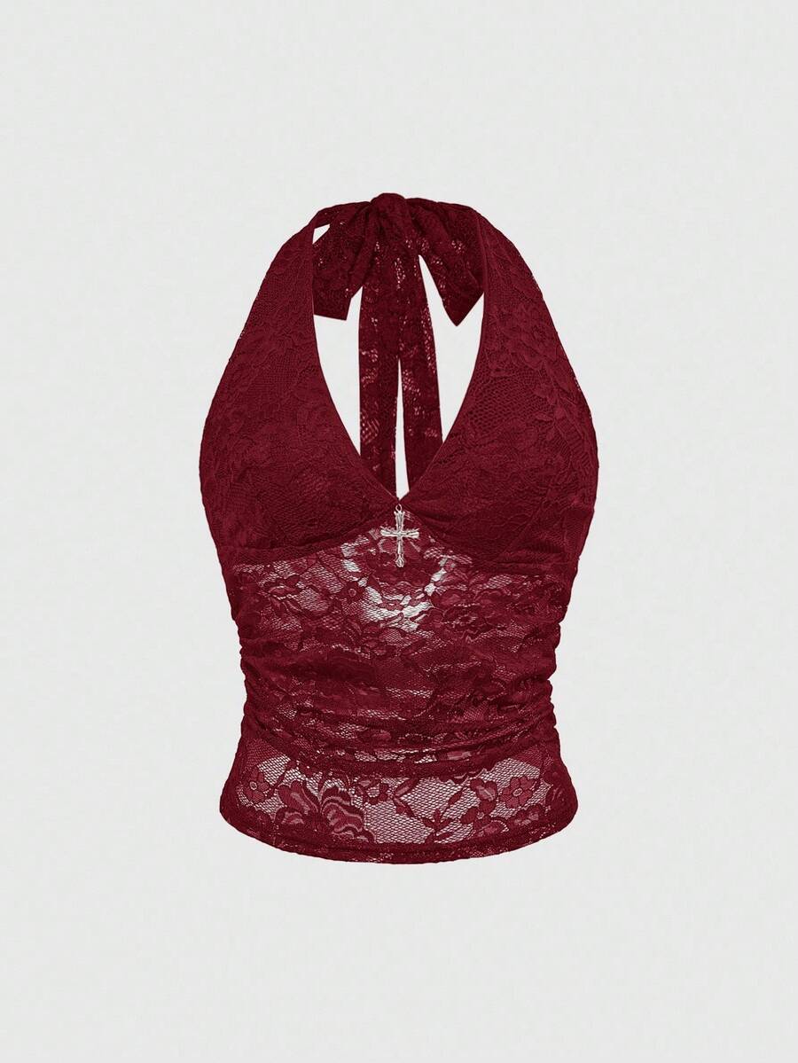 Black gothic halter lace cami crop top featuring ruched details and backless design for women