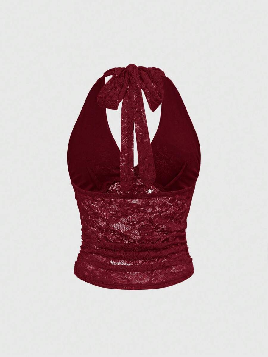 Black gothic halter lace cami crop top featuring ruched details and backless design for women