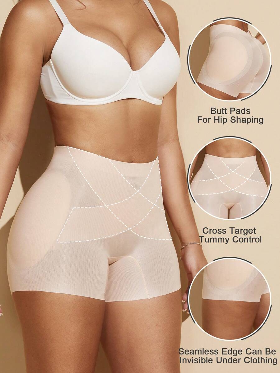 Apricot high-stretch women's butt lifting shapewear shorts with removable padded buttocks for tummy and waist control.