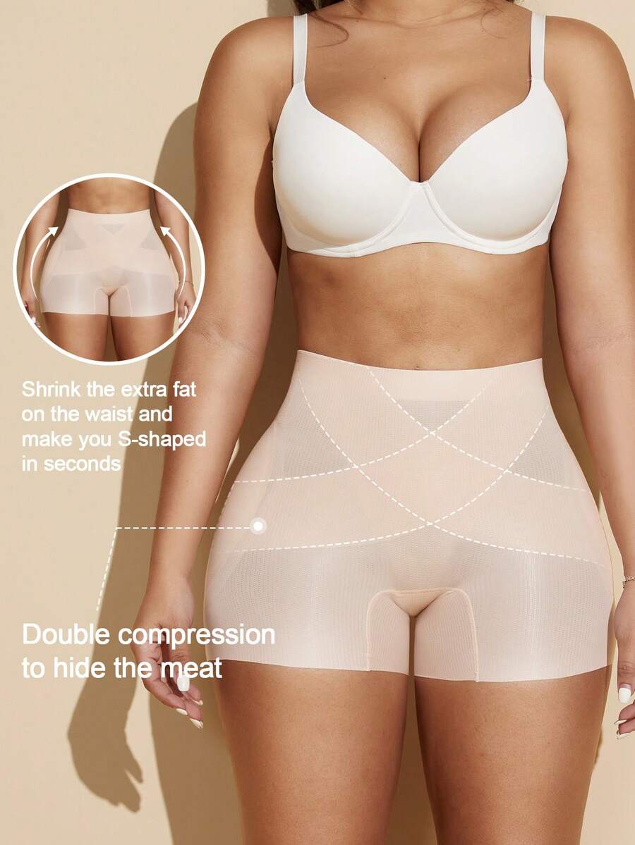 Apricot high-stretch women's butt lifting shapewear shorts with removable padded buttocks for tummy and waist control.