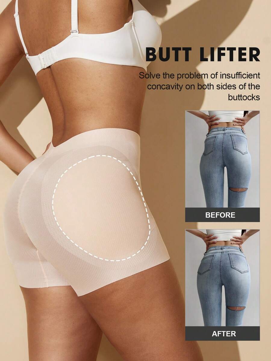 Apricot high-stretch women's butt lifting shapewear shorts with removable padded buttocks for tummy and waist control.