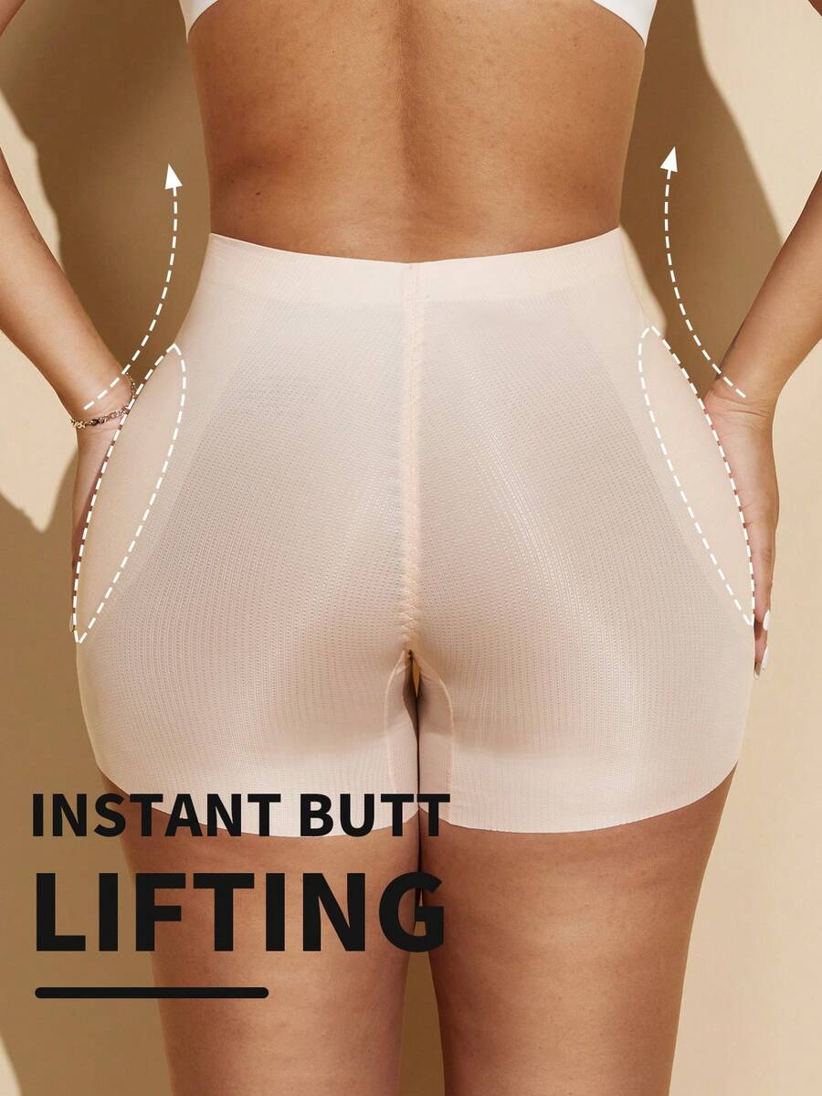 Apricot high-stretch women's butt lifting shapewear shorts with removable padded buttocks for tummy and waist control.