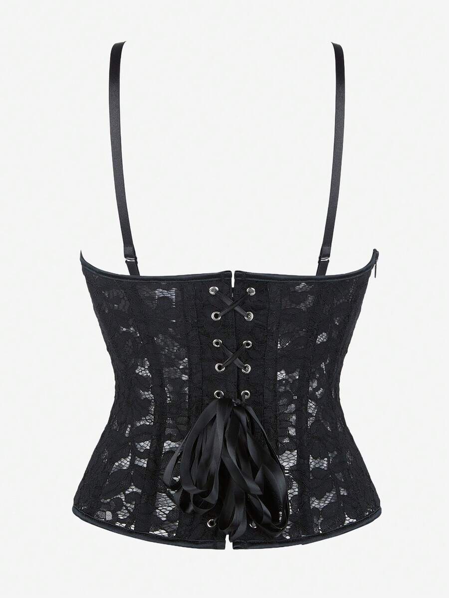 Black lace corset bodice top for women with boned mesh bustier structure and non-removable padded cups.