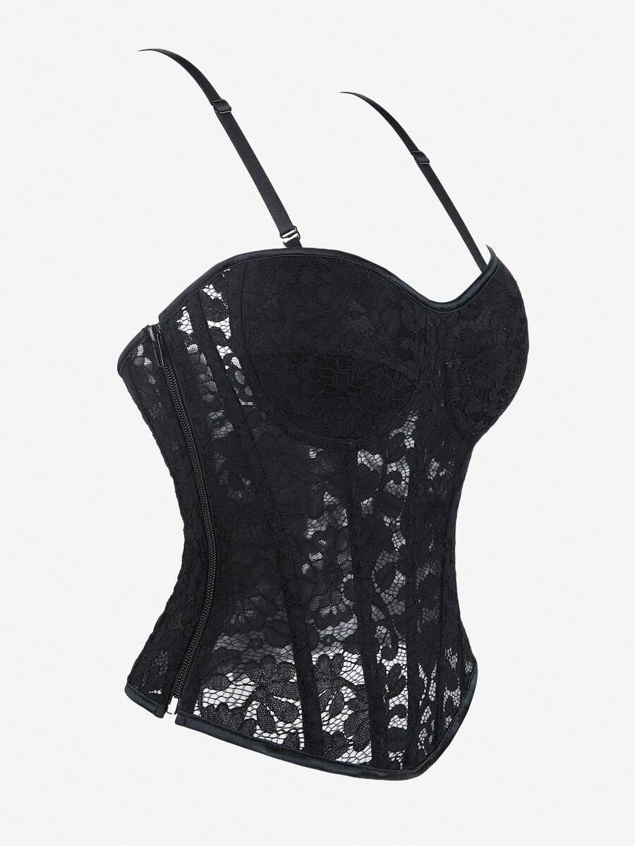 Black lace corset bodice top for women with boned mesh bustier structure and non-removable padded cups.