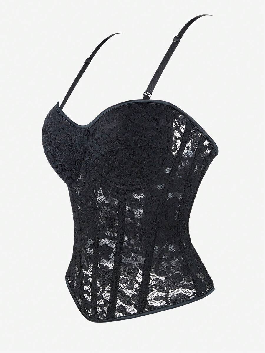 Black lace corset bodice top for women with boned mesh bustier structure and non-removable padded cups.