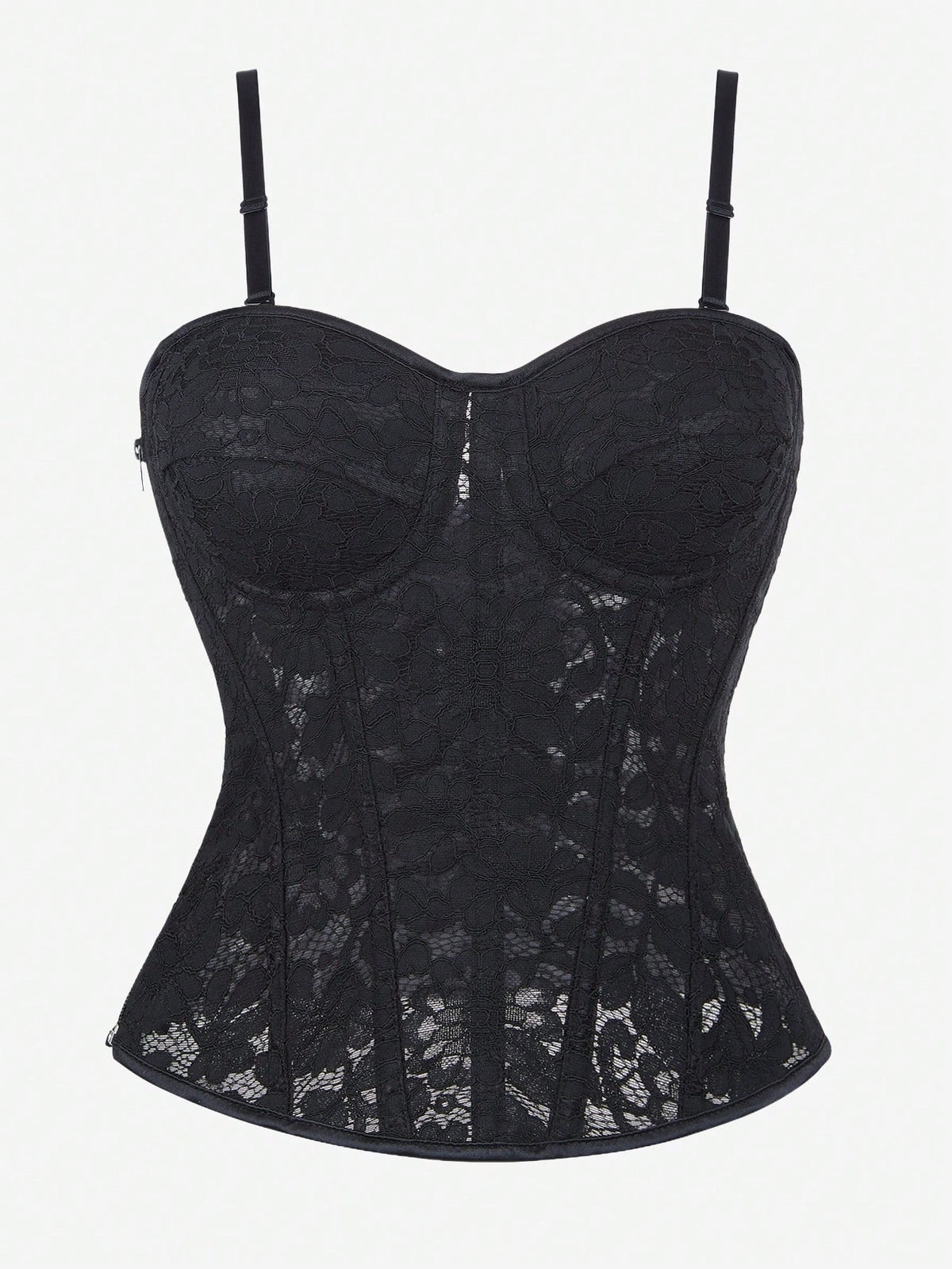 Black lace corset bodice top for women with boned mesh bustier structure and non-removable padded cups.