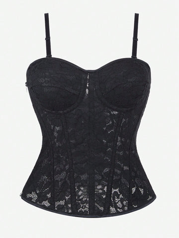 Black lace corset bodice top for women with boned mesh bustier structure and non-removable padded cups.