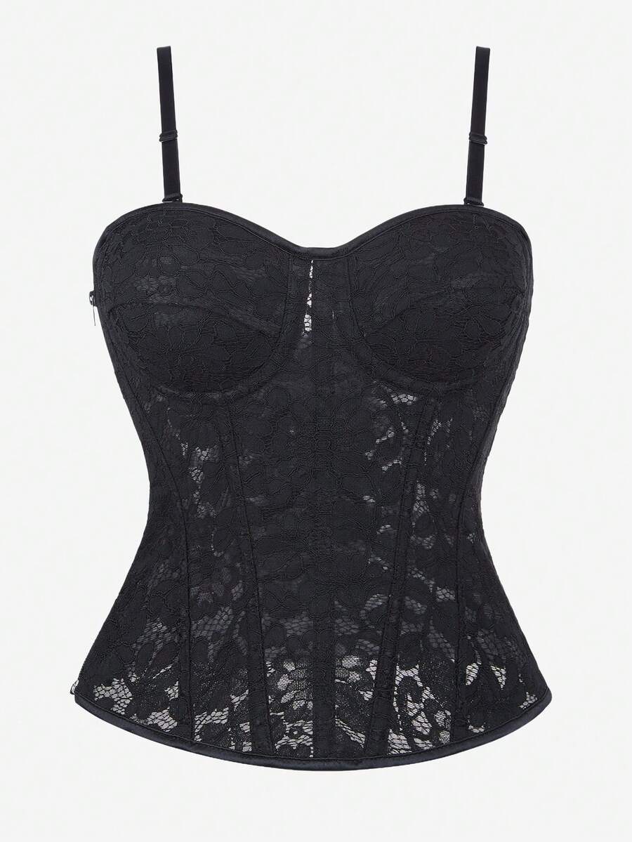 Black lace corset bodice top for women with boned mesh bustier structure and non-removable padded cups.