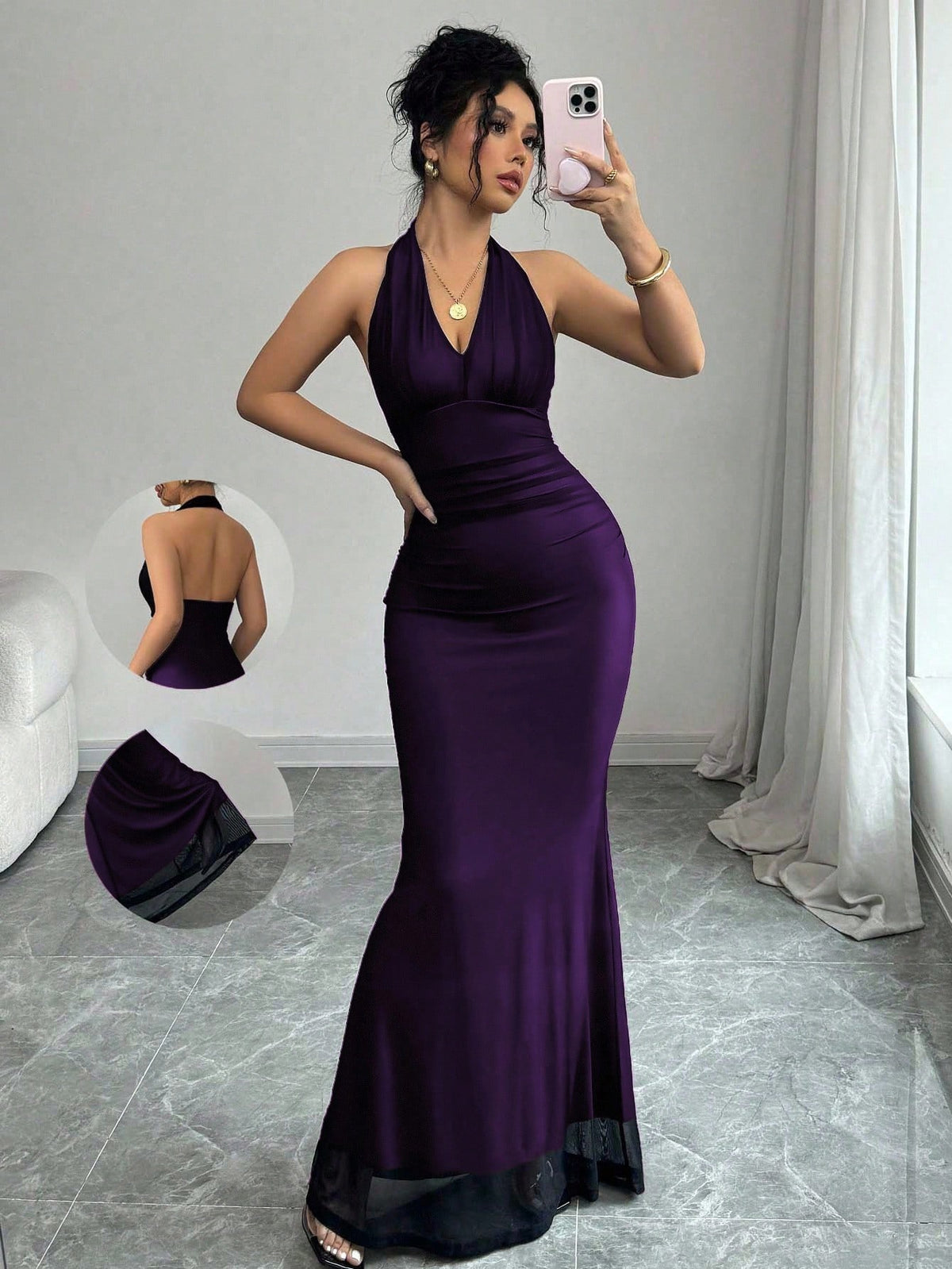 Women's long sleeve mermaid bodycon dress in high-stretch mesh fabric featuring a halter backless neckline, ruched high waist, and slim fit silhouette for formal evening wear.