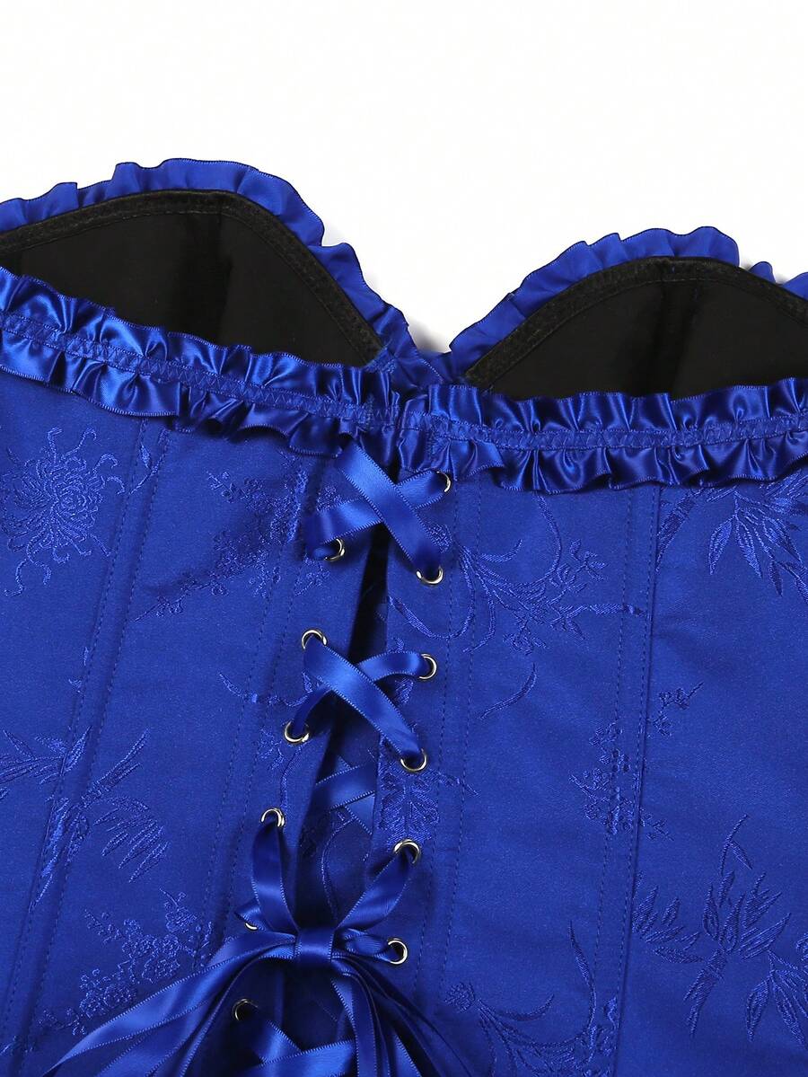 Women’s strapless corset bustier top with front button detail, lace-up back, frill accents, slim fit, and asymmetrical hem.