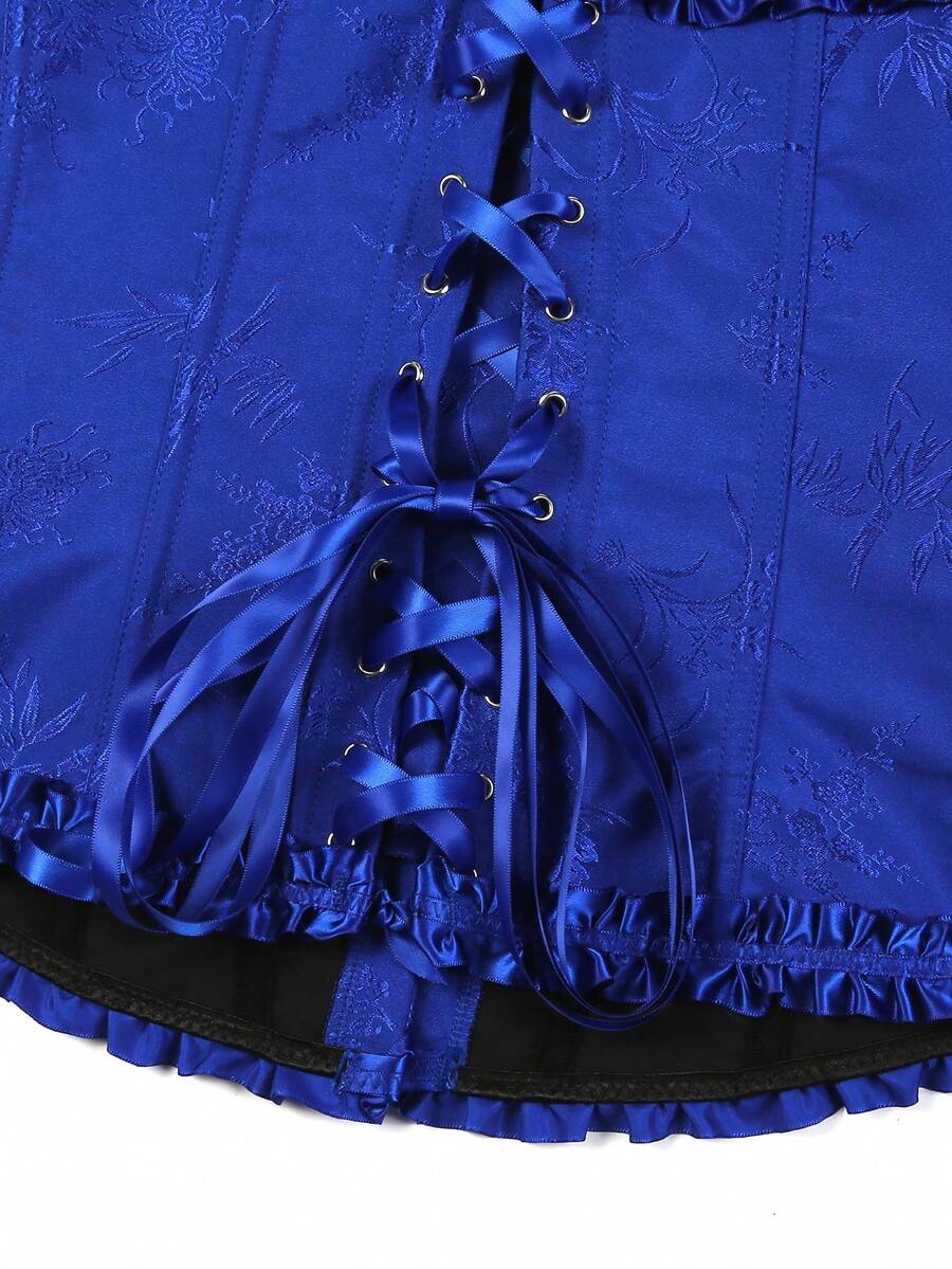 Women’s strapless corset bustier top with front button detail, lace-up back, frill accents, slim fit, and asymmetrical hem.