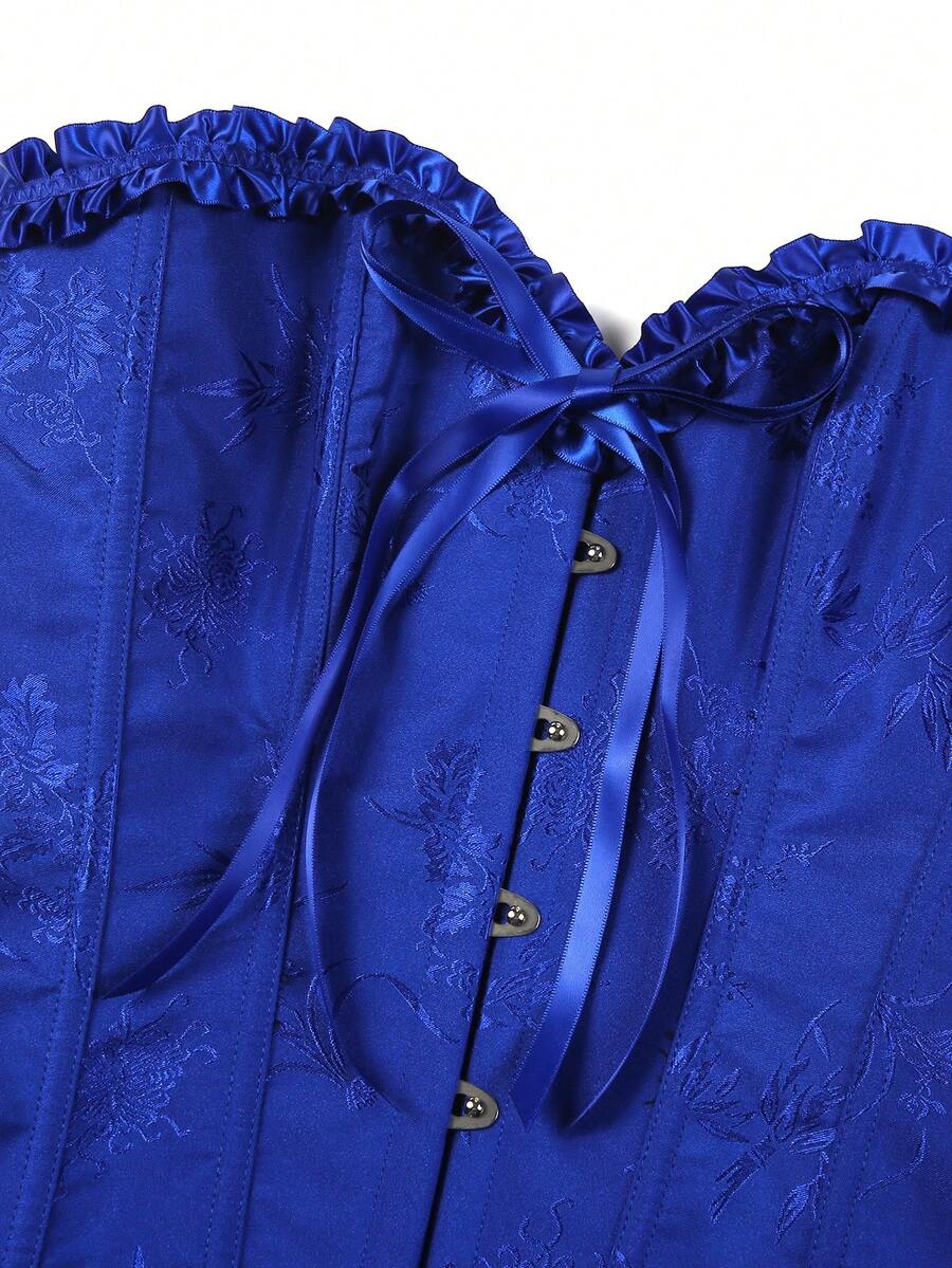 Women’s strapless corset bustier top with front button detail, lace-up back, frill accents, slim fit, and asymmetrical hem.