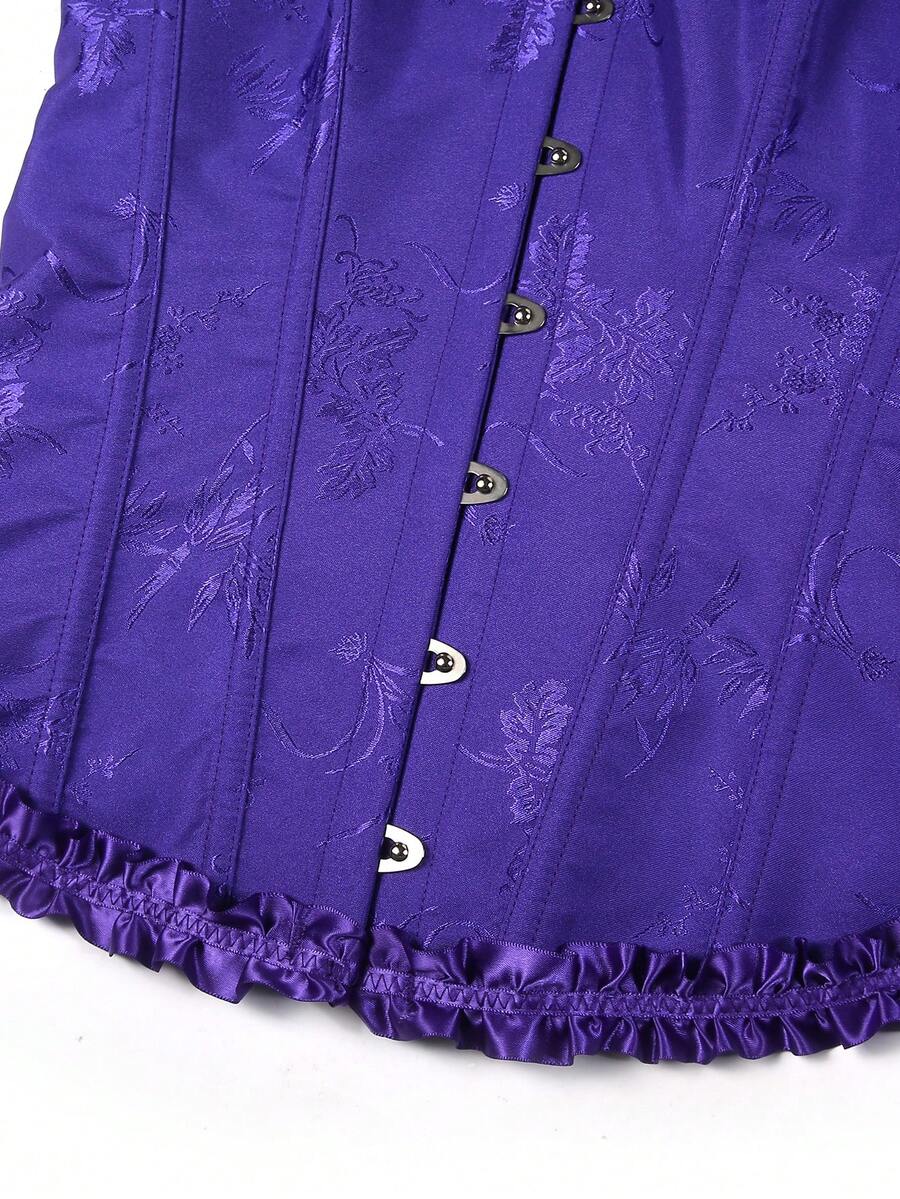 Women’s strapless corset bustier top with front button detail, lace-up back, frill accents, slim fit, and asymmetrical hem.