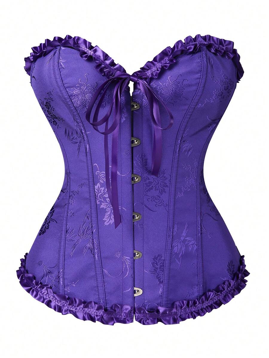 Women’s strapless corset bustier top with front button detail, lace-up back, frill accents, slim fit, and asymmetrical hem.