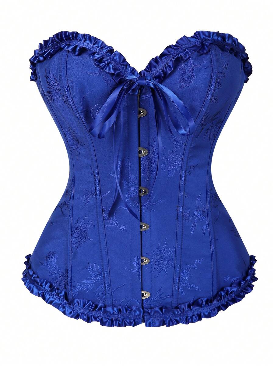 Women’s strapless corset bustier top with front button detail, lace-up back, frill accents, slim fit, and asymmetrical hem.