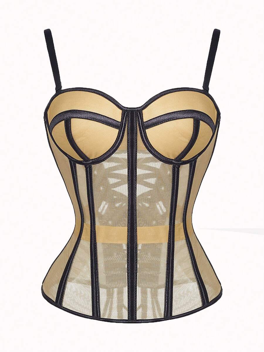 Beige strapless sheer mesh corset top for women featuring front boning, lace-up grommet eyelet detail, and push-up padded cups.