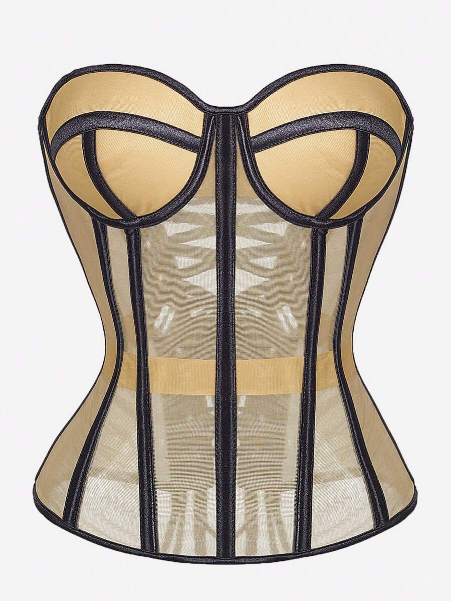 Beige strapless sheer mesh corset top for women featuring front boning, lace-up grommet eyelet detail, and push-up padded cups.