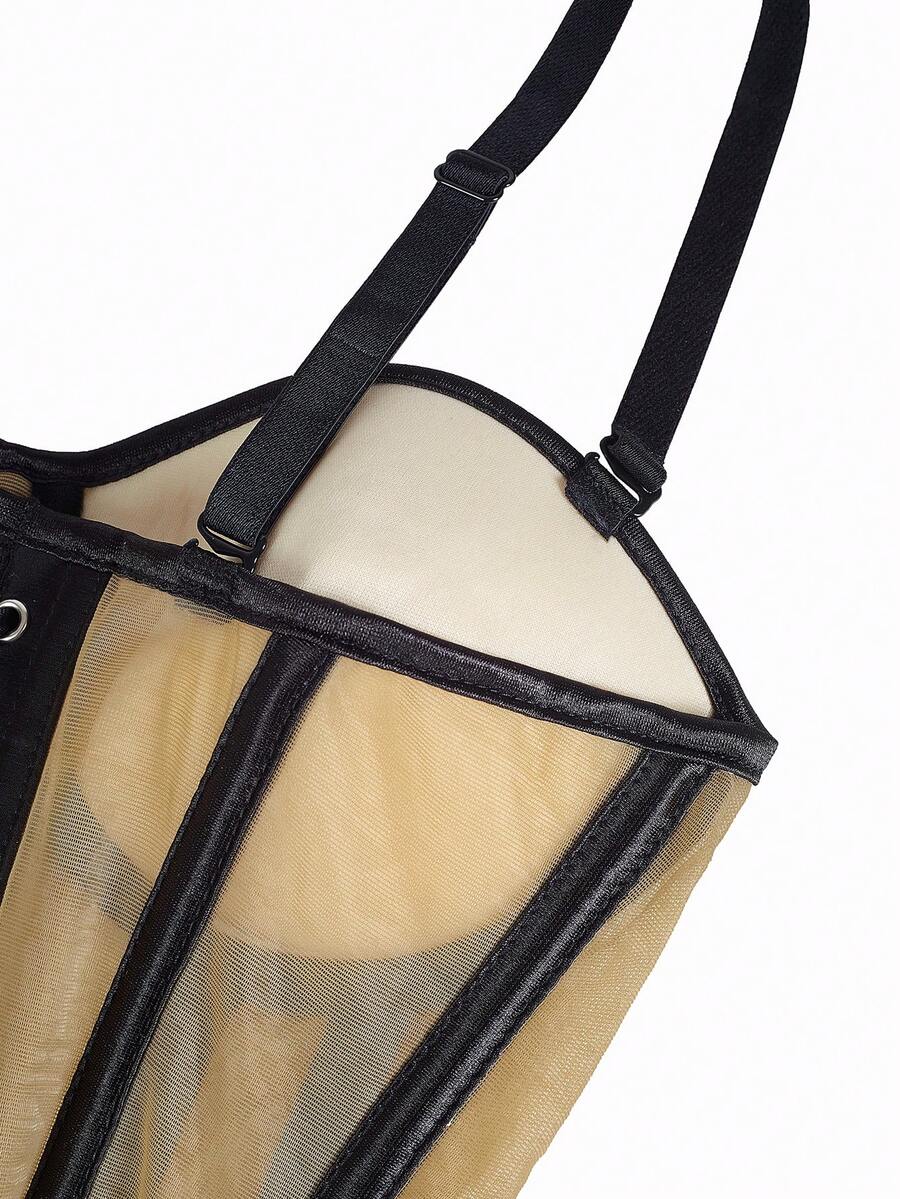Beige strapless sheer mesh corset top for women featuring front boning, lace-up grommet eyelet detail, and push-up padded cups.