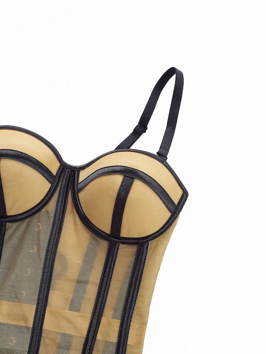 Beige strapless sheer mesh corset top for women featuring front boning, lace-up grommet eyelet detail, and push-up padded cups.