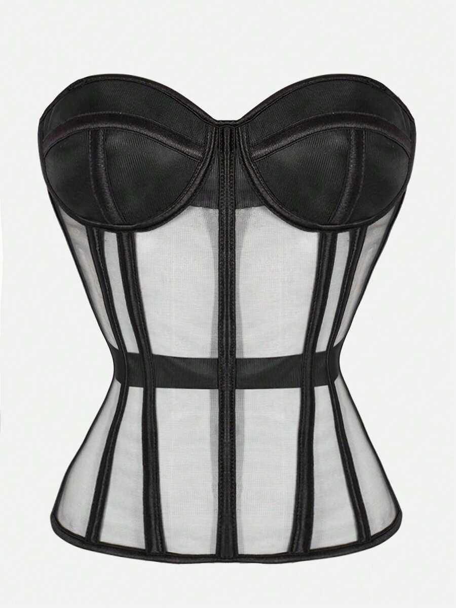 Beige strapless sheer mesh corset top for women featuring front boning, lace-up grommet eyelet detail, and push-up padded cups.
