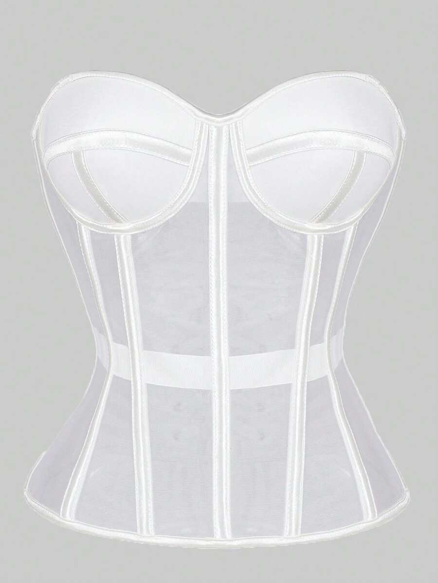 Beige strapless sheer mesh corset top for women featuring front boning, lace-up grommet eyelet detail, and push-up padded cups.