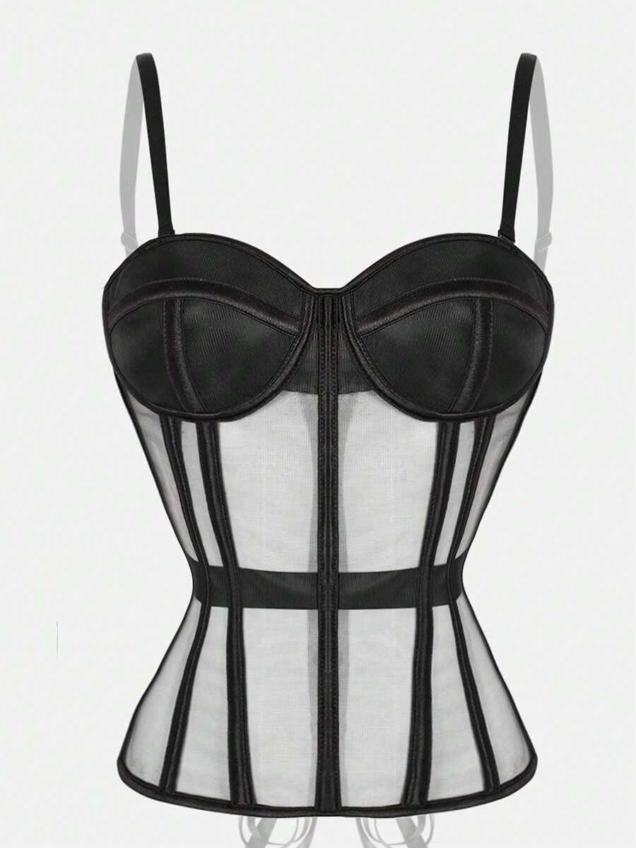 Beige strapless sheer mesh corset top for women featuring front boning, lace-up grommet eyelet detail, and push-up padded cups.