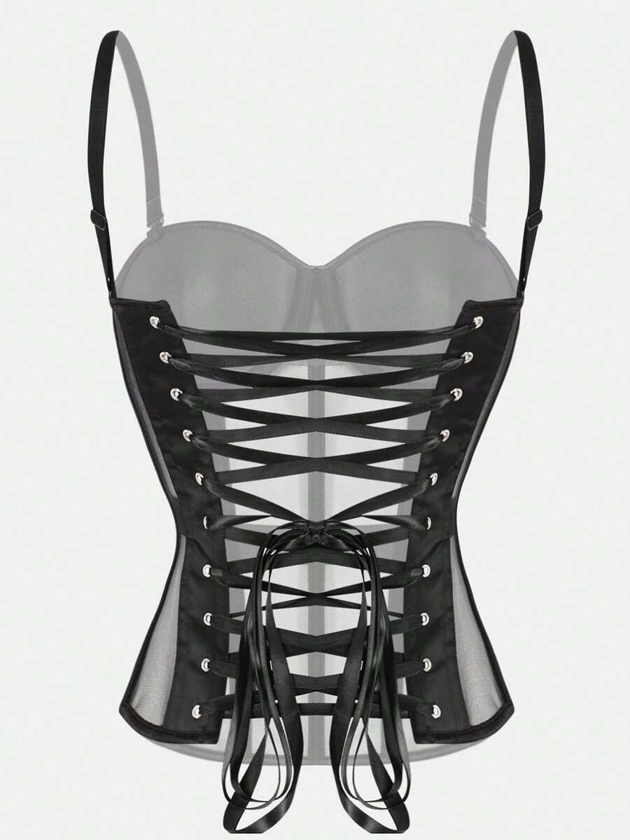 Beige strapless sheer mesh corset top for women featuring front boning, lace-up grommet eyelet detail, and push-up padded cups.