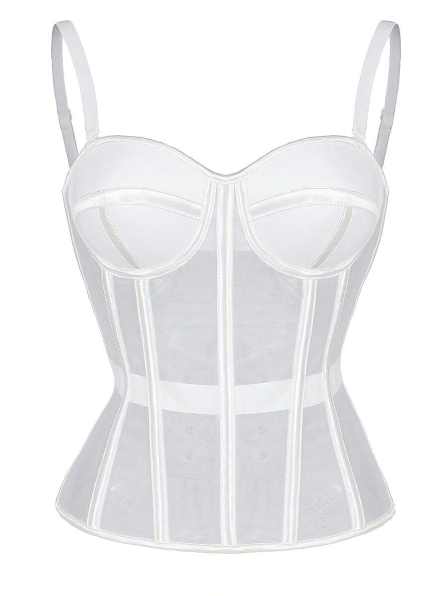 Beige strapless sheer mesh corset top for women featuring front boning, lace-up grommet eyelet detail, and push-up padded cups.