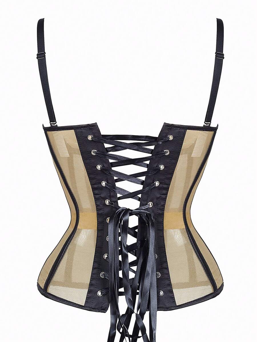 Beige strapless sheer mesh corset top for women featuring front boning, lace-up grommet eyelet detail, and push-up padded cups.