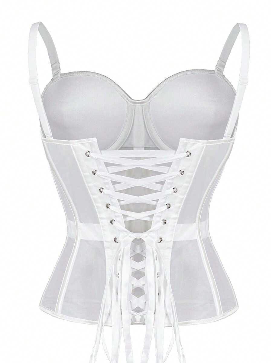 Beige strapless sheer mesh corset top for women featuring front boning, lace-up grommet eyelet detail, and push-up padded cups.