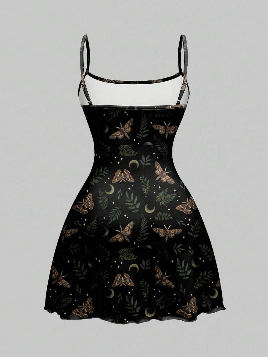 Beige graphic cami mini dress for women featuring a backless slim fit design, high waist flared hem, lettuce trim, spaghetti straps, and arm sleeves.