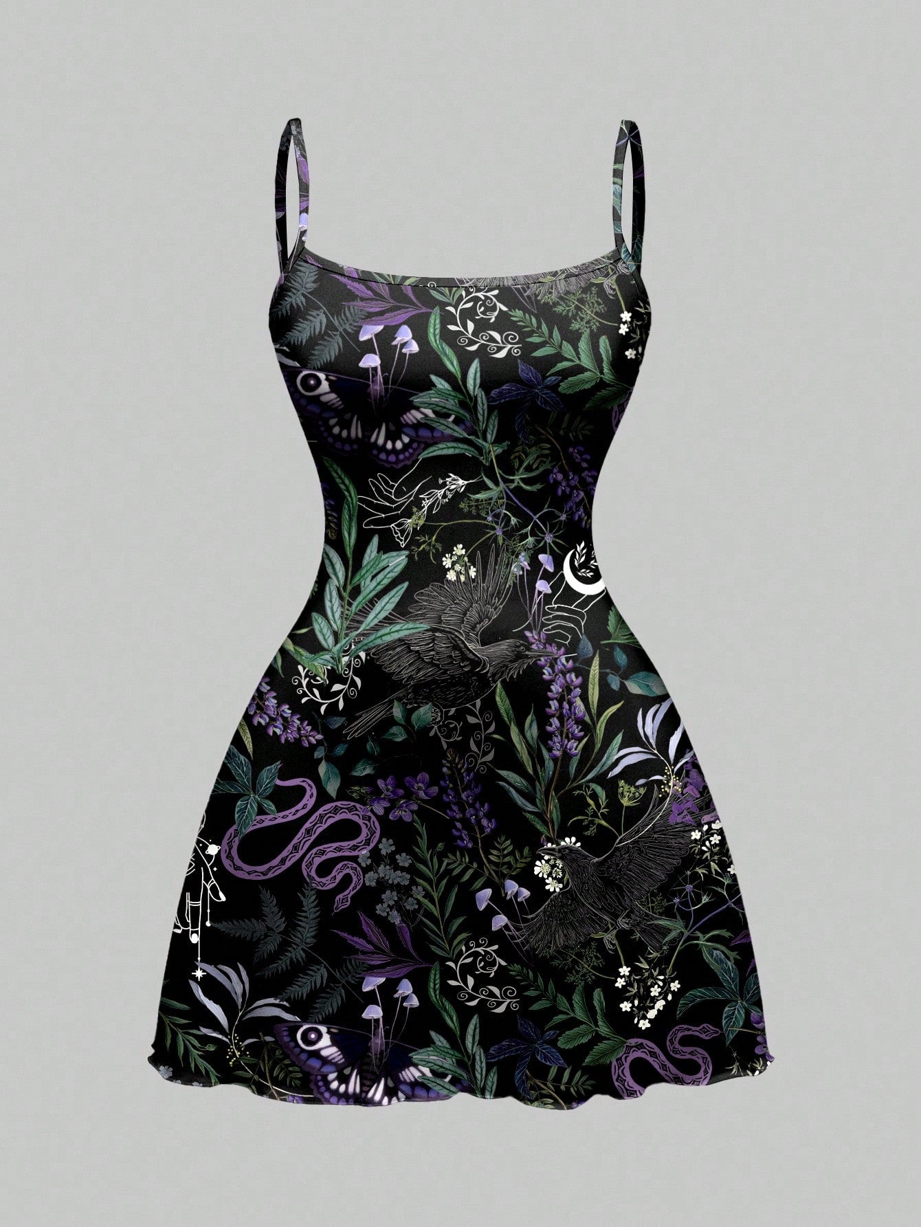 Beige graphic cami mini dress for women featuring a backless slim fit design, high waist flared hem, lettuce trim, spaghetti straps, and arm sleeves.