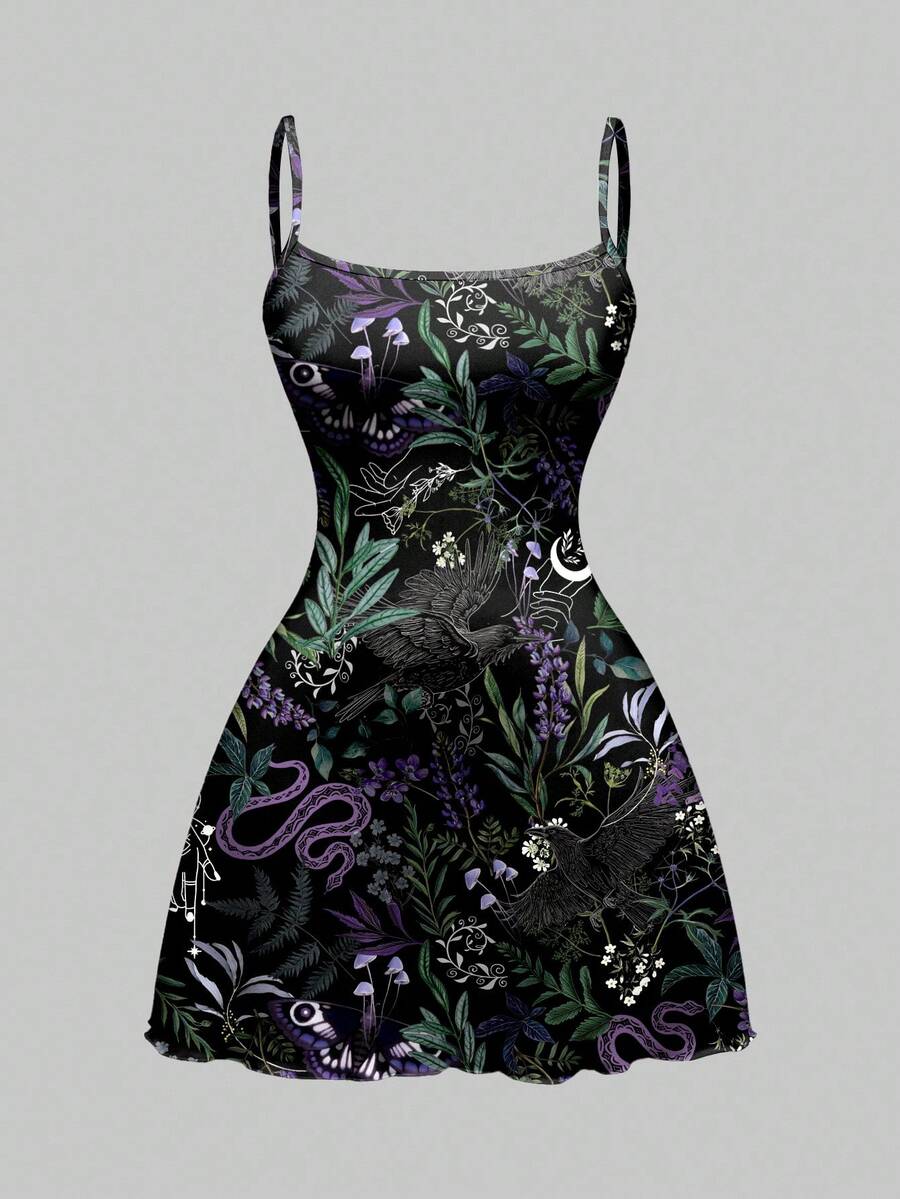 Beige graphic cami mini dress for women featuring a backless slim fit design, high waist flared hem, lettuce trim, spaghetti straps, and arm sleeves.