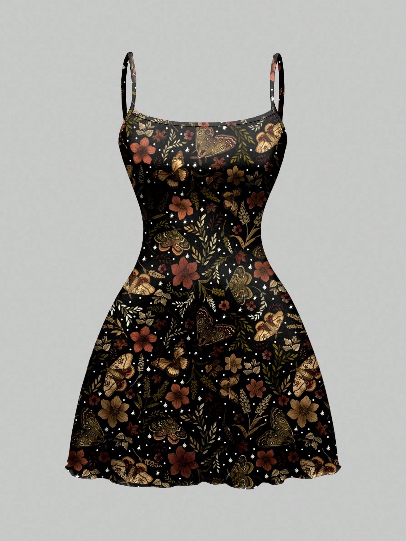 Beige graphic cami mini dress for women featuring a backless slim fit design, high waist flared hem, lettuce trim, spaghetti straps, and arm sleeves.
