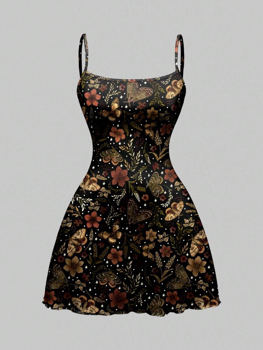 Beige graphic cami mini dress for women featuring a backless slim fit design, high waist flared hem, lettuce trim, spaghetti straps, and arm sleeves.