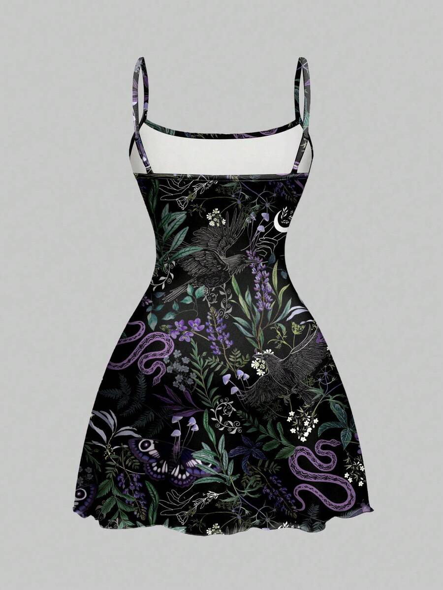 Beige graphic cami mini dress for women featuring a backless slim fit design, high waist flared hem, lettuce trim, spaghetti straps, and arm sleeves.