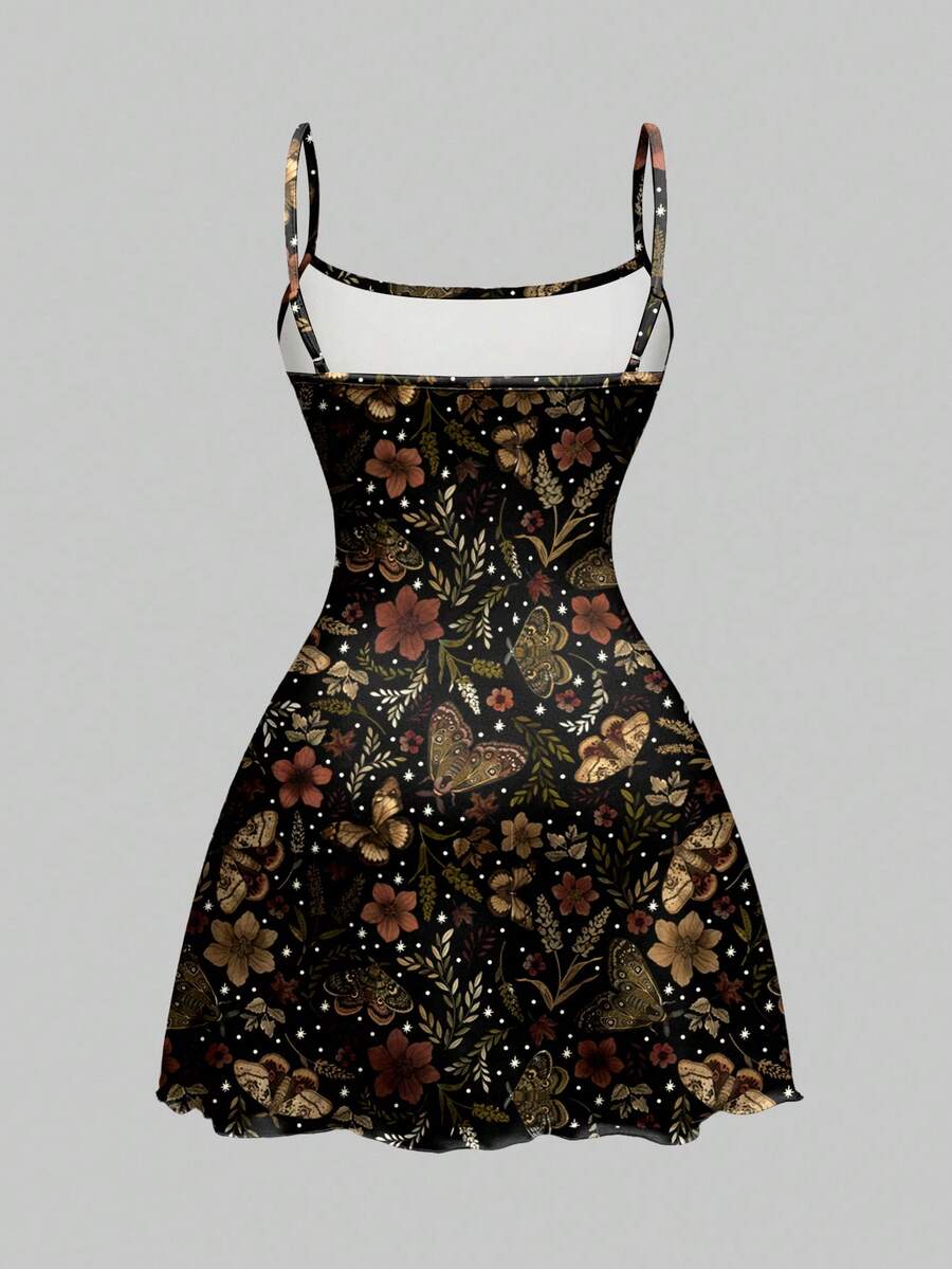 Beige graphic cami mini dress for women featuring a backless slim fit design, high waist flared hem, lettuce trim, spaghetti straps, and arm sleeves.
