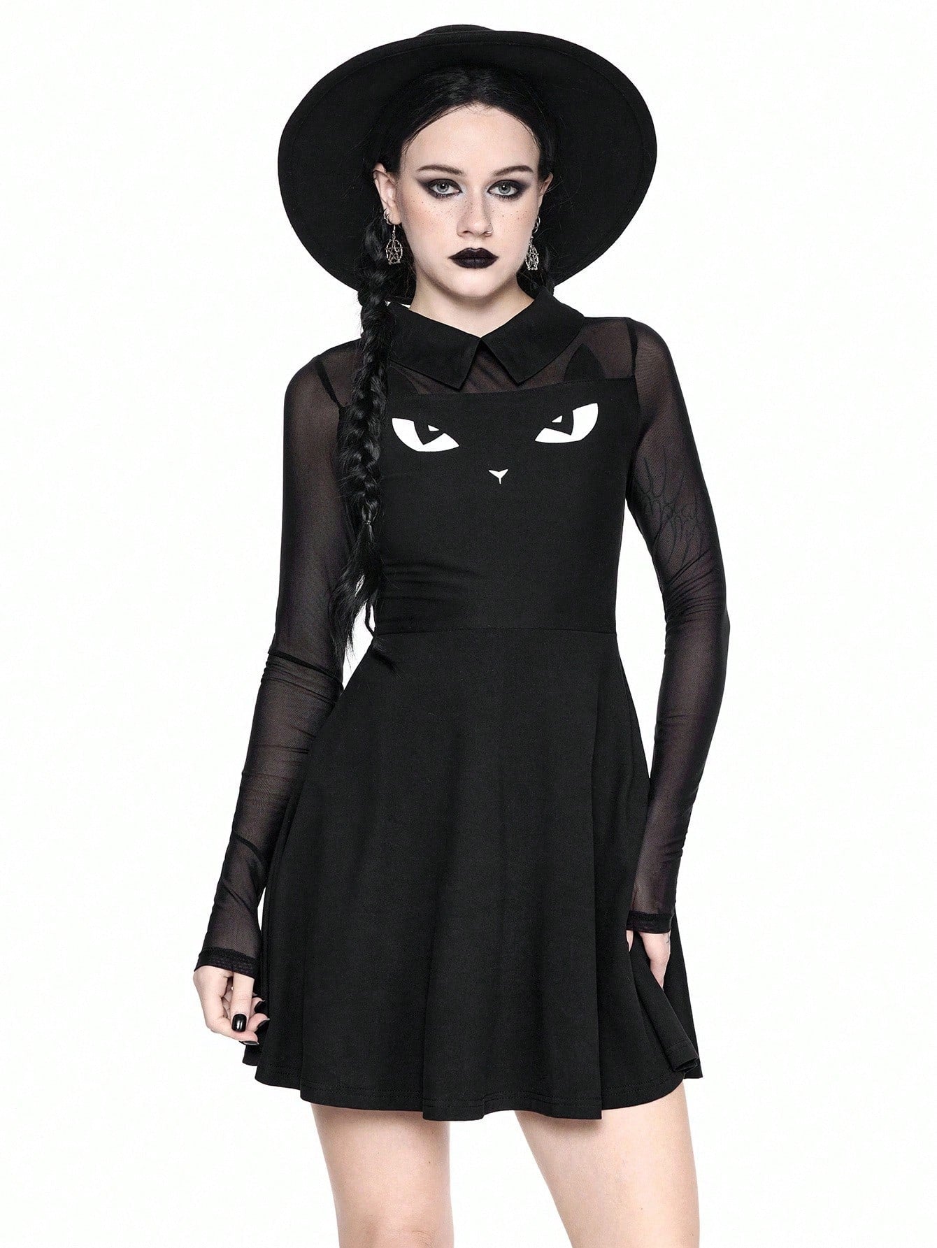 Women wearing a black gothic Halloween cat graphic print mini dress with a collar, extra-long sleeves, and a high waist fit and flare silhouette.